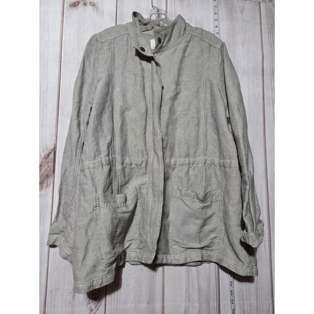 Caslon Women XL Grey White Striped Linen Blend Utility Field Jacket Zip Snap